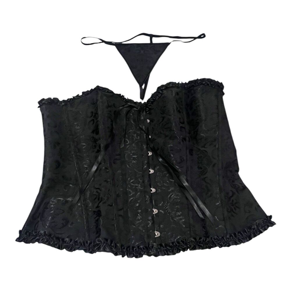 Black Brocade Corset Top And Plain Black Thong Lace-Up Bustier Boning Size 6X